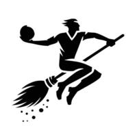 A silhouette of a man flying on a broom with a ball vector