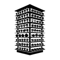 A black and white illustration of a shelf with plants vector