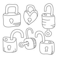 Hand drawn padlock icon set sketch. Lock and unlock padlock with doodles vector