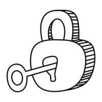 Hand drawn padlock and key in doodle style vector