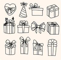 Hand drawn doodles. Collection of simple images of different gift boxes. Various gifts and bows. vector