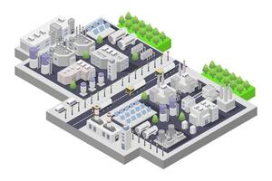 Isometric industrial city with factories, factories and trees vector