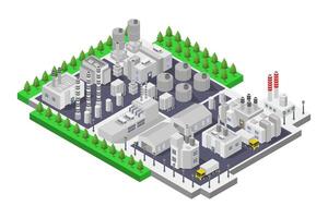 Isometric industrial city with factories, power plants and trees vector