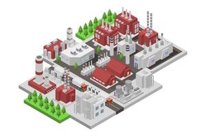 Isometric factory with chimneys and smoke stacks vector