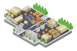 Isometric city with industrial buildings and trees vector