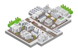 Isometric city with industrial buildings and trees vector