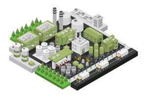 An illustration of a factory with green plants and trees vector