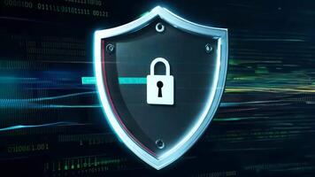 A futuristic cybersecurity shield with a lock symbol, glowing on a high-tech digital background, representing data protection and privacy. . High quality 4k footage video