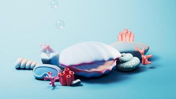 Scallop shell underwater with cartoon style, 3d rendering. video