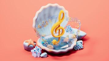 Scallop shell underwater and music notes, 3d rendering. video