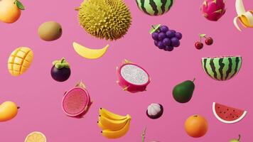 A variety of colorful fruits, rich in vitamins and nutrients, 3d rendering video