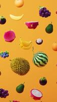un variedad de vistoso frutas, Rico en vitamina y nutrientes, 3d representación. video