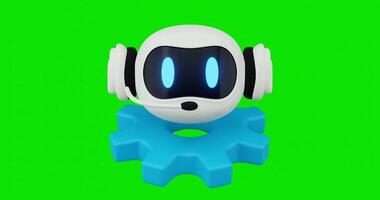 3d ai robô com fone de ouvido rotativo em uma azul engrenagem futurista animação video