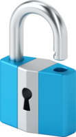 Open padlock with modern blue and silver design, symbolizing security, access, unlocked potential, and cybersecurity concepts, 3d rendering png