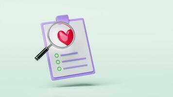3d check list for health with heart, heartbeat, magnifying glass isolated on green background. health check report concept, 3d illustration render video