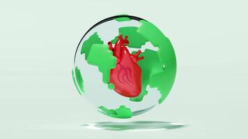 3d realistic human heart in globe isolated on green background. health love or world heart day concept, 3d illustration render video