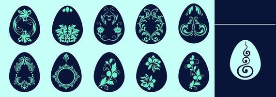 The Easter eggs icon set is adorned with ornate details, including swirls, filigree, and motifs inspired by architectural carvings, vines, and florals. Editable elements, size and color. vector