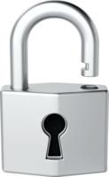Open padlock with sleek, unlocked padlock security metallic silver design, access, data protection, and cybersecurity concepts, 3d rendering png
