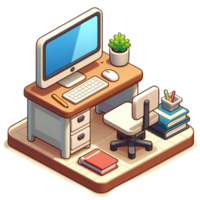 3D Isometric of Desk and Chair with Monitor, Keyboard, Books and Mouse. png