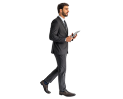 A businessman in a suit, holding a digital tablet, walking confidently towards the camera while looking to the side, png