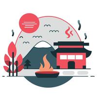 Tranquil Illustration of People Relaxing in a Hot Spring amidst a Serene Landscape vector