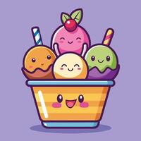 Tasty and fun ice cream sundae with happy expressions vector