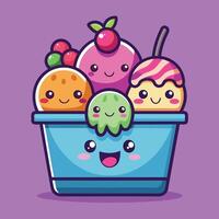Ice cream cup with happy characters and melting details vector