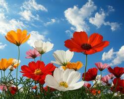 Vibrant wildflowers bloom under bright blue sky with fluffy clouds photo