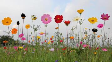 Colorful wildflowers in meadow under bright sky photo