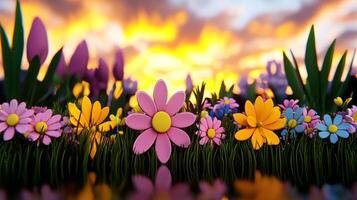 vibrant wildflower meadow under glowing sunset sky photo