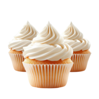 Three Stylish Cupcakes White Frosting on transparent background. png