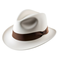 White Fedora Hat with Brown Ribbon on transparent background. png