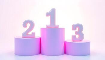 Winner's Podium A 3D Render of a Pastel Pink Winners' Stand with Neon Numbers Indicating First, Second, and Third Place photo