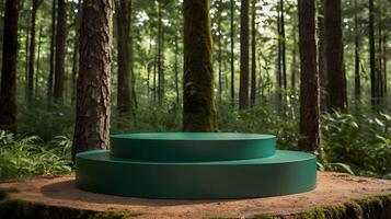Empty Double Round Green Pedestal Displaying Products in the Enchanting Forest Product presentation, mock up, show cosmetic product, Podium, stage pedestal or platform. photo