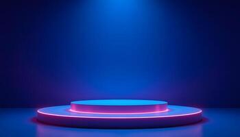 Neon Blue Stage, Futuristic Platform, Glowing Circular Podium, Abstract Lighting, 3D Render, Minimalist Design, Bright Colors, Product Display, Empty Space, Presentation Background photo