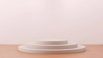 Minimalist White Platform on Wooden Floor Against a Light Pink Wall Elegant Display for Product Showcase or Presentation Product presentation, mock up, show cosmetic product, Podium, photo