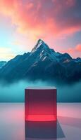Glowing Cube Display Podium with Majestic Mountain Backdrop at Sunset Product presentation, mock up, show cosmetic product, Podium, stage pedestal or platform. photo
