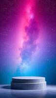 Empty Marble Podium with Cosmic Galaxy Background for Product Display Product presentation, mock up, show cosmetic product, Podium, stage pedestal or platform. photo