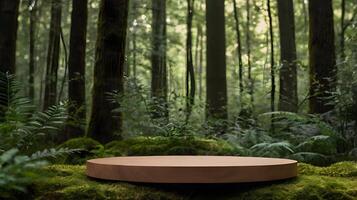 Enchanted Forest Podium A Serene Stage for Nature's Products Product presentation, mock up, show cosmetic product, Podium, stage pedestal or platform. photo