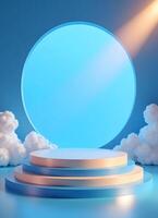 Serene Blue Platform Minimalist 3D Render with Clouds and Light photo