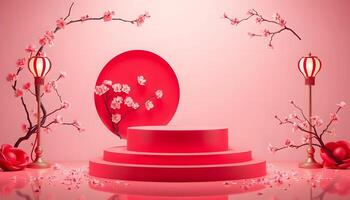 Red Spring Festive Podium Display A 3D Render of Elegant Pink Blossoms and Lanterns Product presentation, mock up, show cosmetic product, Podium, stage pedestal or platform. photo