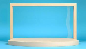 Minimalist Wooden Display Stand with Blue Background A Product Showcase Product presentation, mock up, show cosmetic product, Podium, stage pedestal or platform. photo