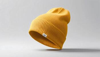 Mustard Yellow Knit Beanie Hat Mockup, Stylish Winter Accessory Mock up template for design print photo