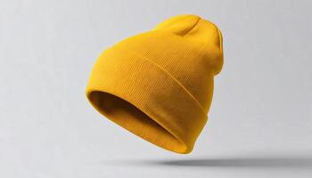Stylish Mustard Yellow Knit Beanie Hat Mockup Mock up template for design print photo