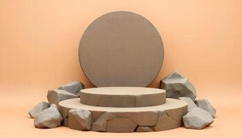 Minimalist Stone Podium Displaya two-tiered stone platform against a soft peach backdrop, enhanced by surrounding textured rocks. Ideal for product photography or branding. photo