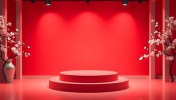 Elegant Red Podium with Cherry Blossoms A Festive Display Product presentation, mock up, show cosmetic product, Podium, stage pedestal or platform. photo