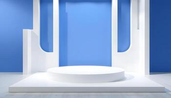 Abstract Minimalist White and Blue Studio Platform Display Product presentation, mock up, show cosmetic product, Podium, stage pedestal or platform. photo