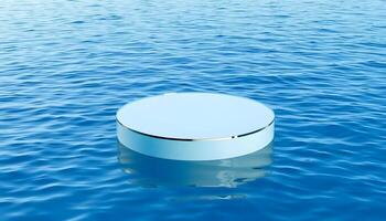 Serene Minimalist Seascape A Cylindrical Platform Afloat on Calm Ocean Waters Product presentation, mock up, show cosmetic product, Podium, stage pedestal or platform. photo