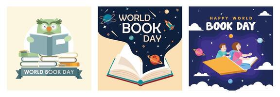 Owl reading a book. Stack of books for World Book Day. Open book with astronomy icons. vector
