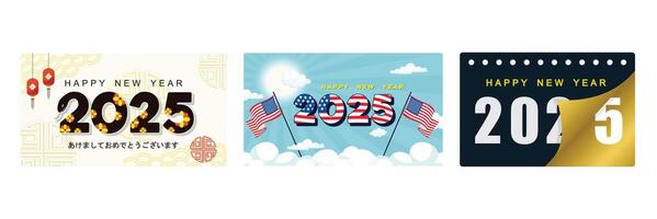 A vibrant New Year greeting card design featuring Chinese characters, American flags, and elements. vector